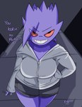 anthro anthrofied bottomwear breasts cigarette clothed clothing dialogue female grin hair hand_on_hip hoodie looking_at_viewer pose prostitution purple_body purple_hair purple_skin red_sclera short_stack shorts smile solo standing talking_to_viewer text thick_thighs topwear inuyuru nintendo pokemon generation_1_pokemon gengar pokemon_(species) 2019 absurd_res comic digital_media_(artwork) english_text hi_res