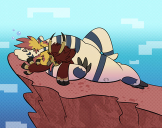 anthro assimilation beak brown_body brown_feathers claw_fingers cliff cute_fangs dominant dominant_male duo fangs feathers hair horn larger_dom larger_male larger_on_top male male/male on_top orange_hair outside overweight overweight_anthro overweight_male size_difference sleeping sleeping_on_another smaller_male smaller_on_bottom smothering struggling submissive submissive_male teeth tongue tongue_out transformation twinning weight_difference white_body trevor-fox bandai_namco digimon nearu_nikos avian bird digimon_(species) gomamon owl digital_media_(artwork)