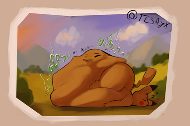 ambiguous_feral ambiguous_gender ambiguous_pred ambiguous_prey anthro anthro_prey ass_up belly belly_on_ground belly_squish big_belly big_butt black_ear_tips black_text bloated blurred_background bodily_noises body_outline border butt cheek_spots churn cloud curved_text digestion digestion_noises dipstick_ears ear_markings evening eyes_closed face_imprint fatal_vore feral feral_pred fully_inside fur glorsh green_text head_on_ground head_tuft huge_belly hyper hyper_belly imminent_death immobile imprint larger_ambiguous larger_anthro light lightning_tail lying lying_on_ground monotone_arms monotone_belly monotone_butt monotone_legs motion_lines mountain muffled multicolored_ears nature nature_background on_front on_ground outside plant pointy_ears quadruped resting_on_belly rumbling_stomach shortened_sound_effect shrub side_view size_difference sky sleeping sleeping_pred smaller_feral smaller_pred soft_vore solo sound_effect_variant sound_effects squish sunset tail text thick_thighs tuft twitter_handle two_tone_ears unseen_prey unwilling_prey vore vowelless vowelless_sound_effect vowelless_vocalization white_border white_text_outline wide_hips yellow_arms yellow_belly yellow_body yellow_butt yellow_face yellow_fur yellow_hands yellow_legs yellow_tail yellow_tuft zzz tcsrjx nintendo pokemon generation_1_pokemon mammal pikachu pokemon_(species) rodent 2025 compression_artifacts digital_media_(artwork) digital_painting_(artwork) english_description english_text full-length_portrait hi_res lighting painting_(artwork) portrait shaded signature soft_shading