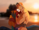 anthro anthro_on_anthro blurred_background closed_smile duo eyes_closed fur green_eyes hair licking licking_another male male/male mouth_closed muscular muscular_male narrowed_eyes nude orange_body outside red_body red_tongue short_hair side_view smile tan_body tan_fur tan_hair tongue tongue_out white_body white_fur ninetht novoocaine avian bird canid canine chicken galliform gallus_(genus) mammal phasianid hi_res