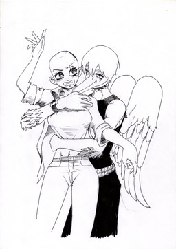 5_fingers anthro arm_feathers bald belt blush breasts clenched_teeth clothing collar crossgender duo elbow_feathers feathered_wings feathers female female_on_anthro fingers ftm_crossgender hug hugging_another hugging_from_behind human_on_anthro interspecies jacket male male/female male_anthro male_on_human mtf_crossgender navel shirt smile snout standing studded_belt studded_collar studs tank_top teeth thigh_gap topwear wings wristband shyny48941006 cavemanon_studios goodbye_volcano_high ko_op_(game_developer) snoot_game anon_(snoot_game) fang_(gvh) human mammal prehistoric_species pterosaur reptile scalie absurd_res hi_res monochrome sketch traditional_media_(artwork) nonbinary_(lore)