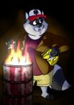 anthro bottomwear clothing fire hat headgear headwear humanoid_hands male night overweight overweight_anthro overweight_male shirt shorts solo topwear neenya mammal procyonid raccoon 2020 hi_res