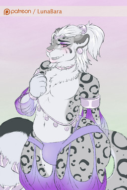 accessory anthro big_butt big_tail blushing_at_viewer bulge butt clothed clothing cuff_(restraint) ear_piercing ear_ring eyeshadow femboy furgonomics hair hair_accessory harem_boy harem_outfit jewelry leopard_spots lips makeup male neck_tuft necklace panties piercing pink_eyes pink_jewelry pink_lips pink_nose ponytail restraints ring_piercing silk skimpy solo spots tail tail_accessory thick_lips thick_thighs thong_straps translucent translucent_clothing tuft underwear waist_accessory wide_hips wrist_cuffs lunabara danny_(zenaita) felid mammal pantherine snow_leopard hi_res