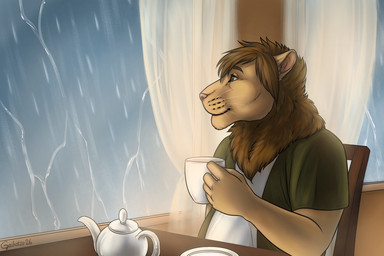 anthro beverage brown_eyes chair clothing container cup curtains curtains_open furniture holding_container holding_cup holding_mug holding_object looking_outside male mane mug on_chair raining relaxing saucer shirt sitting sitting_on_chair smile solo steam table tea teapot topwear water whiskers window gaikotsu felid lion mammal pantherine 2026 signature