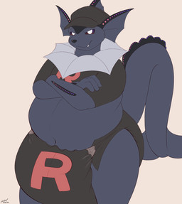 anthro black_body black_clothing black_hat black_headwear black_nose black_tail clean_diaper clothing crop_top crossed_arms diaper hat headgear headwear looking_at_viewer male narrowed_eyes navel print_diaper shirt slightly_chubby slightly_chubby_anthro slightly_chubby_male smile smiling_at_viewer snaggle_tooth solo tail team_rocket_uniform toothy_grin topwear steelshark nintendo pokemon team_rocket pharos_(vaporeon) eeveelution generation_1_pokemon pokemon_(species) vaporeon 2026 absurd_res hi_res signature