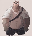 anthro blush bottomwear brown_body brown_fur clothing eyewear fur glasses kemono male overweight overweight_anthro overweight_male pants shirt simple_background solo topwear dumdum bear mammal 2021 hi_res