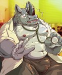 anthro belly blush bottomwear bulge clothed clothing doctor grey_body horn humanoid_hands kemono male medical_instrument musclegut muscular navel nipples open_clothing open_shirt open_topwear pants scientific_instrument shirt sitting solo stethoscope topwear raichoclub mammal rhinoceros 2021 hi_res