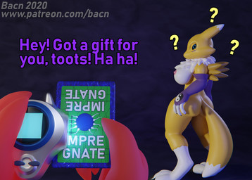 anthro armwear artificial_insemination big_breasts black_sclera blue_eyes breasts clothing digivice duo female forced fur gloves handwear impregnation looking_back male male/female nipples nude simple_background text white_body white_fur yellow_body bacn bandai_namco digimon canid canine digimon_(species) imp impmon mammal renamon 3d_(artwork) digital_media_(artwork) english_text url