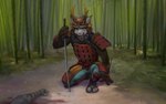 anthro armor arrow_(weapon) bamboo bamboo_forest biped blood bodily_fluids clothed clothing duo forest fully_clothed fur green_eyes grey_body grey_fur japanese_armor katana kneeling looking_at_viewer male melee_weapon plant ranged_weapon samurai_armor scar snarling sode solo_focus sword tree weapon wounded vu06 felid mammal pantherine tiger 16:10 digital_media_(artwork) digital_painting_(artwork) full-length_portrait hi_res portrait widescreen