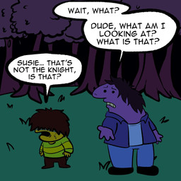 4_fingers ambiguous_gender anthro asking asking_another asking_what big_nose biped black_eyebrows black_hair black_mouth bodily_fluids clothed clothed_ambiguous clothed_anthro clothed_human clothing comic_panel confusion conjoined_speech_bubble detailed_background dialogue duo ellipsis eyebrows fingers forest front_view gesture grass green_clothing green_grass green_sweater green_topwear hair hair_over_eyes humor interjection jacket larger_ambiguous larger_anthro leaf looking_at_viewer name_in_dialogue nervous nervous_sweat night obscured_eyes open_mouth outside parody plant purple_body purple_clothing purple_jacket purple_scales purple_topwear question_mark scales shirt shocked simple_eyes size_difference smaller_ambiguous smaller_human speech_bubble standing style_emulation sweat sweater tan_teeth teeth text three-quarter_view topwear tree white_clothing white_shirt white_speech_bubble white_topwear yellow_body yellow_skin yes-no_question radicalmammajamma adult_swim cartoon_network deltarune smiling_friends undertale_(series) charlie_dompler kris_dreemurr pim_pimling susie_(deltarune) critter_(smiling_friends) human mammal monster scalie 1:1 2025 colored digital_drawing_(artwork) digital_media_(artwork) english_text full-length_portrait hi_res portrait female_(lore)