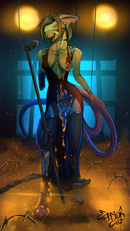 amputee areola bandage bandage_on_face barbed_wire blood blood_on_face bodily_fluids boots bound breasts cleavage clitoris clothed clothing combat_boots corpse costume death disability dress exposed female fire footwear genitals glowing glowing_eyes holidays jewelry legwear lounge missing_arm multi_tail nipple_piercing nipples notched_ear piercing public public_exposure puppet shoes side_boob simple_background singing solo stage stage_lights staples tail thigh_highs torn_clothing torn_underwear translucent translucent_clothing underwear vulva carrioncat halloween vaccine_(carrioncat) mammal murid murine rat rodent 9:16 hi_res