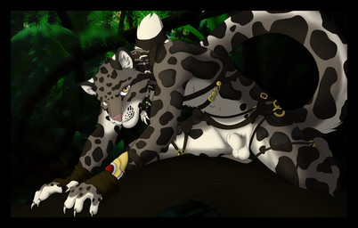 animal_genitalia anthro armor balls black_border border claws detailed_background forest fully_sheathed fur genitals grey_body grey_fur harness jewelry long_tail looking_at_viewer male nature necklace nude outside pink_nose plant sheath smile solo spots straps suggestive tail tree tribal unconvincing_armor wood yellow_eyes accelo clouded_leopard felid mammal pantherine hi_res source_request