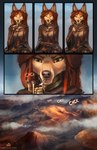 alectorfencer anthro canid canine cigarette clothed clothing cloud comic english_text female fur green_eyes hair hi_res landscape lighter lighting_cigarette mammal mountain myre outside red_hair signature solo tan_body tan_fur text varug