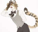 anthro bottomwear bow_tie brown_body brown_fur clothed clothing eyewear fur glasses hair looking_at_viewer male pants shirt solo tail tan_body tan_fur topwear vest white_body white_fur yellow_eyes luxury_gin scooter_(luxury_gin) felid feline mammal serval 2025 absurd_res hi_res