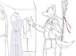 2022 5_fingers absurd_res against_surface anthro backpack biped bottomwear canid canid_demon canine canis cc-by-sa cheek_tuft clothed clothed_anthro clothed_male clothing creative_commons demon digital_drawing_(artwork) digital_media_(artwork) evening_dress eyebrows facial_tuft feathers fingers fluffy fluffy_tail fur fur_tuft gender_dysphoria glass_case hair hand_on_glass hellhound heptagram hi_res holding_strap hoodie humanoid_hands inner_ear_fluff jackal jacket leg_tuft line_art looking_at_clothing looking_at_object male male_anthro mammal mannequin melee_weapon mythological_canine mythological_creature mythology number number_on_clothing number_on_jacket occult_symbol on_glass polearm portrait possumcrimes restricted_palette scp-6159-1 scp_foundation shorts side_view sigil sigil_of_babalon simple_background slit_dress solo spear standing story_at_source symbol tail text text_on_clothing text_on_jacket text_on_topwear thorns three-quarter_portrait topwear trans_(lore) trans_woman_(lore) tuft weapon white_background whore_of_blood