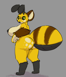 antennae_(anatomy) arthropod_abdomen black_body breasts brown_stripes butt female from_behind_position fur green_eyes sex stripes yellow_body yellow_fur sarek_aran_desian arthropod bee hymenopteran insect