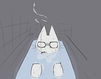 ambiguous_gender anthro bathroom cigarette lying partially_submerged smoking solo water white_body bravobunny domestic_cat felid feline felis mammal hi_res