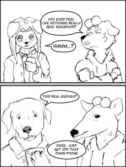 anthro ball cellphone clothed clothing crossed_arms dialogue droopy_eyes duo electronics fur hair holding_object holding_phone hoodie jacket looking_at_another male phone realistic shirt simple_background smartphone speech_bubble tennis_ball text topwear luckyhomie lucky_(luckyhomie) bird_dog canid canine canis deer domestic_dog hunting_dog labrador mammal retriever 3:4 comic english_text monochrome