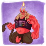 absurd_res ball_tuft black_nipples black_sclera brown_body brown_fur clothed clothing demon demon_humanoid elemental_manipulation fire fire_manipulation foreskin fur genitals hair hi_res horn humanoid lazydoggo lgbt_pride male muscular nipples partially_clothed penis pointed_tail pri(demon)th pride_color_clothing pride_colors red_body solo tail tan_hair tuft