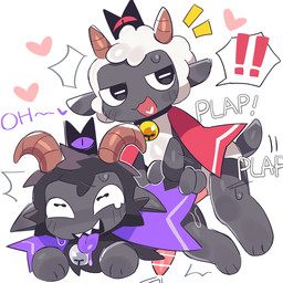 2_horns all_fours anal anal_penetration anthro anthro_on_anthro blush blush_lines bodily_fluids bottomless breath clothed clothing crown cum cum_while_penetrated doggystyle drooling duo from_behind_position genital_fluids genitals grey_body grey_skin half-closed_eyes headgear heart_symbol horizontal_pupils horn male male/male male_penetrated male_penetrating male_penetrating_male moan narrowed_eyes open_mouth panting penetration penis plap pupils saliva sex simple_background smile sweat tapering_penis tears text tongue tongue_out white_background wan_txt cult_of_the_lamb massive_monster_(studio) goat_(cult_of_the_lamb) lamb_(cult_of_the_lamb) purple_crown_(cult_of_the_lamb) red_crown_(cult_of_the_lamb) bovid caprine goat mammal sheep 1:1 2025 hi_res pseudo_incest_(lore)