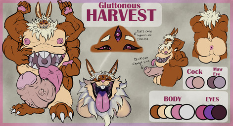 3_eyes 4_arms anthro belly_mouth cock_vore foreskin genitals hyper hyper_genitalia hypnosis male mind_control multi_arm multi_eye multi_limb musclegut muscular obese overweight penile penis solo text vore toggle_(artist) lagomorph leporid mammal rabbit english_text hi_res model_sheet