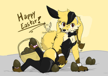 ambiguous_gender anthro bow_tie bunny_costume clothing costume egg holidays latex latex_clothing legwear looking_at_viewer pawpads rabbit_ears solo hayden_fencfoxo easter hayden_(hayden_fencfoxo) canid canine fennec_fox fox mammal true_fox absurd_res hi_res