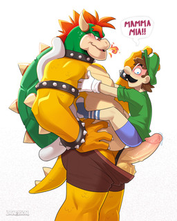 accessory anthro armband balls beard belly biceps big_balls big_muscles big_penis blush bodily_fluids bracelet brown_hair bulge claws clothed clothing cock_ring collar dialogue dripping duo erection eye_contact eyebrows facial_hair footwear genital_fluids genitals glans gloves hair handwear hat headgear headwear heart_symbol horn hug human_on_anthro humanoid_genitalia humanoid_penis imminent_sex interspecies jewelry larger_anthro looking_at_another looking_at_genitalia looking_at_penis looking_down love male male/male musclegut muscular muscular_anthro muscular_male mustache non-mammal_balls open_mouth open_smile partially_clothed pecs penis penis_accessory penis_jewelry precum precum_drip red_hair shell shirt side_view simple_background size_difference smaller_human smile socks speech_bubble spiked_armband spiked_bracelet spiked_collar spiked_shell spiked_tail spikes spikes_(anatomy) standing stubble sweat sweatdrop tail teeth text thick_arms thick_penis thick_thighs topless topless_anthro topless_male topwear underwear underwear_down underwear_only white_background wide_eyed draftgon bowser_day mario_bros nintendo bowser luigi dragon_koopa human koopa mammal scalie 2025 absurd_res english_text hi_res
