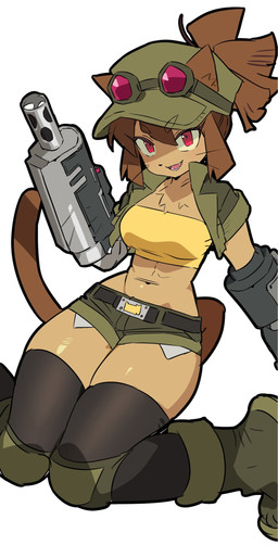 anthro arm_cannon belt boots bottomwear breasts brown_body brown_hair chest_tuft clothing eyebrows eyewear eyewear_on_head female footwear goggles goggles_on_head gun_arm hair hat headgear headwear midriff navel ponytail red_eyes shoes shorts solo tuft weapon_arm whiskers gh92291 gameoverse glitch_productions kit_bodega domestic_cat felid feline felis mammal 2026 hi_res