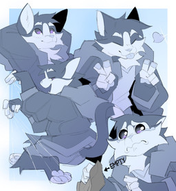 4_fingers anthro barefoot bottomwear clothed clothed_anthro clothed_male clothing feet fingers fully_clothed fully_clothed_anthro fully_clothed_male fur gesture grey_body grey_bottomwear grey_clothing grey_fur grey_jacket grey_shirt grey_shorts grey_t-shirt grey_topwear hand_gesture heart_symbol jacket male multiple_poses pose purple_eyes resting shirt shorts sitting solo t-shirt tail text topwear v_sign brokesgone milo_(brokesgone) domestic_cat felid feline felis mammal 2024 digital_drawing_(artwork) digital_media_(artwork) english_text hi_res