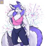 abstract_background anthro black_nose blep breasts clothed clothing female fur hair midriff muscular muscular_female navel neck_tuft orange_hair shirt solo starry_hair starry_tail tail tank_top tongue tongue_out topwear tuft white_body white_fur foxenawolf canid canine canis mammal wolf 1:1 adversarial_noise