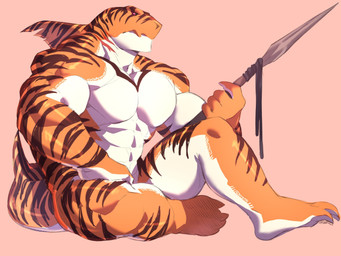 abs anthro biceps claws deltoids dorsal_fin fin forearm_muscles gills holding_melee_weapon holding_object holding_polearm holding_spear holding_weapon male melee_weapon multicolored_body multicolored_scales muscular muscular_anthro muscular_male nude orange_body orange_scales pecs polearm scales simple_background sitting solo spear striped_body striped_scales stripes tail tail_fin toe_claws weapon white_body white_scales shiriya_k aquatic fish shark 2020 4:3 hi_res