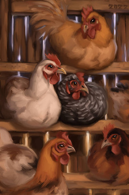 amber_eyes black_body black_feathers brown_eyes brown_head chicken_coop feathers feral flock group markings orange_body orange_feathers red_comb_(anatomy) red_wattle sitting speckled_feathers spots spotted_body spotted_feathers tan_body tan_feathers white_body white_feathers white_spots alexpahomov avian bird chicken galliform phasianid 2022 hi_res
