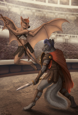 anthro arena armor audience barefoot blue_eyes chest_wraps clenched_teeth cloak clothed clothing crowd cuirass day detailed_background digitigrade duo_focus feet flying fur gladiator gladius green_eyes grey_body grey_fur grey_tail group hair holding_melee_weapon holding_object holding_polearm holding_shield holding_spear holding_sword holding_weapon inner_ear_fluff leather leather_armor looking_down looking_up male markings melee_weapon membrane_(anatomy) membranous_wings orange_hair outside polearm pteruges purple_hair schynbalds shadow shield spaulder spear striped_markings striped_tail stripes sword tail tail_markings tan_body tan_fur teeth tuft vambrace warrior weapon whiskers white_tail wings wraps rukis bat mammal rodent sciurid tree_squirrel 2018 digital_media_(artwork) hi_res signature
