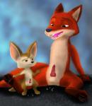 animal_genitalia animal_penis anthro balls bodily_fluids brown_eyes canine_genitalia canine_penis cum duo erection fur genital_fluids genitals green_eyes knot male male/male nude paws penis size_difference zander_the_raccoon disney zootopia finnick_(zootopia) nick_wilde canid canine fennec_fox fox mammal red_fox true_fox hi_res