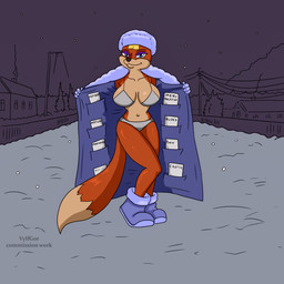 4_fingers anthro bikini blonde_hair blue_eyes boots bottomwear bra breasts clothed clothing countershading exhibitionism eyebrows eyelashes eyeshadow female fingers footwear fur hair half-closed_eyes hut legwear looking_at_viewer makeup markings multicolored_body multicolored_fur multicolored_tail narrowed_eyes navel orange_body orange_fur partially_clothed piercing plant pose purple_clothing raised_clothing raised_topwear ring_piercing russian russian_hut shoes smile snow solo soviet_cartoon standing swimwear tail tail_markings tan_body tan_fur text thigh_boots thigh_highs topwear tree two-piece_swimsuit two_tone_body two_tone_fur underwear white_body white_fur winter yellow_eyes vylfgor soyuzmultfilm the_pill speculator_the_vixen canid canine fox mammal red_fox true_fox 1:1 2022 digital_media_(artwork) english_text hi_res