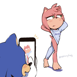 anthro being_photographed blush cellphone clothing electronics embarrassed feet female hands_behind_head looking_away male phone pink_body simple_background smartphone tan_feet underwear unusual_clothing white_background white_clothing white_underwear spinnyhog brooklyn_sweater meme_clothing sega sonic_the_hedgehog_(series) amy_rose sonic_the_hedgehog eulipotyphlan hedgehog mammal meme watermark