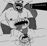 anthro beard belly_mouth big_tongue blush bodily_fluids bulge clothing covered_eyes crown dialogue dominant dominant_male duo eye_roll facial_hair genitals headgear horn king legs_up licking looking_down looking_down_at_partner looking_pleasured lying male male/male mature_anthro mature_male moobs nipples obscured_eyes on_back open_mouth open_smile oral overweight overweight_male penile penis penis_lick royalty saliva sex sitting_on_another slightly_chubby smile speech_bubble spread_legs spreading stripper_clothes sweat teeth teeth_showing text thong tongue tongue_out underwear boxofmen deltarune undertale undertale_(series) asgore_dreemurr king_spade boss_monster_(undertale) bovid caprine darkner goat humanoid mammal monster hi_res monochrome