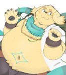 anthro belly clothed clothing fur green_eyes jacket male moobs navel_tattoo open_clothing open_jacket open_topwear overweight overweight_male pawpads scarf solo topwear yellow_body yellow_fur poketalesof lifewonders tokyo_afterschool_summoners cu_sith_(tas) bird_dog canid canine canis domestic_dog golden_retriever hunting_dog mammal retriever absurd_res hi_res