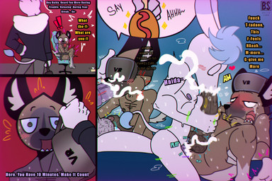 abdominal_bulge anal anal_penetration animal_genitalia animal_penis anthro balls blush bodily_fluids body_hair caught_in_the_act caught_masturbating cheek_bulge corndog covering covering_self cum cum_in_ass cum_in_mouth cum_inside dialogue duo embarrassed equine_genitalia equine_penis erection eyes_closed fellatio food foreskin genital_fluids genitals hairy_balls handjob heart_symbol image_bubble looking_pleasured male male/male masturbation moan moaning_name motion_blur motion_lines nipples nude open_mouth oral penetration penile penile_penetration penis penis_in_ass pubes pubes_on_face saliva saliva_on_penis sex sharp_teeth speech_bubble stray_pubes sweat sweatdrop tail tail_tuft tears teeth text tuft vr_headset bacon_sama aggretsuko sanrio haida_(aggretsuko) tadano_(aggretsuko) asinus donkey equid equine hyena mammal spotted_hyena comic english_text hi_res