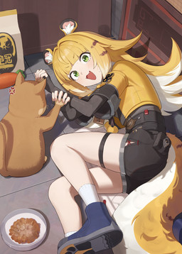 animal_ears bare_legs belt black_bottomwear black_clothing black_shorts blonde_hair blue_clothing blue_footwear blue_shoes blush bodily_fluids bottomwear carrot cat_food caught_off_guard clothed clothing collared_shirt cross-popping_vein dress_shirt embarrassed_expression fangs female fluffy_ears food footwear green_eyes grey_dress_shirt hair jacket long_hair looking_at_viewer lying_on_ground markings on_ground open_clothing open_jacket open_mouth open_topwear pet_food plant playful shirt shoes shorts socks sparkles sparkling_eyes striped_hair striped_markings striped_tail stripes sweat tail tail_markings teeth topwear two_tone_tail vegetable white_clothing white_footwear white_hair white_socks yellow_clothing yellow_jacket_(clothing) yellow_topwear odd_(pixiv) mihoyo zenless_zone_zero ju_fufu animal_humanoid domestic_cat felid felid_humanoid feline felis humanoid mammal mammal_humanoid pantherine pantherine_humanoid thiren tiger_humanoid absurd_res hi_res