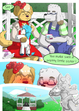 abdl ageplay anthro clothed clothing crossdressing diaper duo female horn humiliation kiss_on_lips kissing male male/female male/male roleplay tea_party teasing text wearing_diaper ahcocqui mythology welof canid canine canis domestic_dog equid equine mammal mythological_creature mythological_equine unicorn absurd_res comic digital_media_(artwork) english_text hi_res