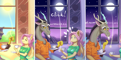 anthro anthrofied bat_wings container cup dialogue duo fangs female full_moon male membrane_(anatomy) membranous_wings moon red_eyes sun tea_cup teeth text wings ladychimaera friendship_is_magic hasbro my_little_pony mythology discord_(mlp) flutterbat_(mlp) fluttershy_(mlp) chimera draconequus equid equine mammal mythological_creature mythological_equine pegasus 2018 comic english_text hi_res