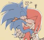 annoyed anthro blue_body blue_fur blush bodily_fluids butt butt_grab clothing duo embarrassed fur gloves hand_on_butt handwear heart_symbol holding_character kerchief looking_aside male male/male red_body red_fur simple_background smile sweat sweatdrop wraps yellow_background sikai sega sonic_boom sonic_the_hedgehog_(series) knuckles_the_echidna sonic_the_hedgehog echidna eulipotyphlan hedgehog mammal monotreme