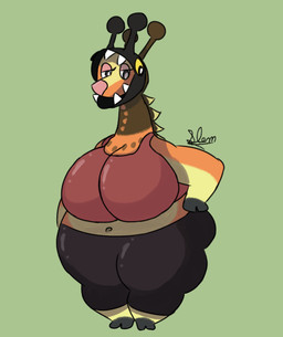 anthro big_breasts breasts clothed clothing female half-closed_eyes huge_breasts huge_thighs midriff multicolored_body narrowed_eyes orange_body overweight overweight_female pokemorph solo thick_thighs two_tone_body slem nintendo pokemon simone_altagracia_ortega farigiraf generation_9_pokemon giraffid mammal pokemon_(species) 2022 signature