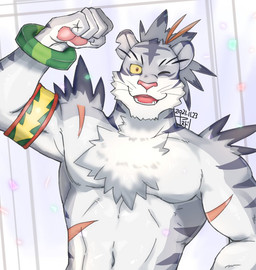 5_fingers anthro chest_scar claws fingers humanoid_hands male one_eye_closed open_mouth pawpads pink_nose pink_pawpads scar solo yanutorie cygames world_flipper nimbus_(world_flipper) felid mammal pantherine tiger signature