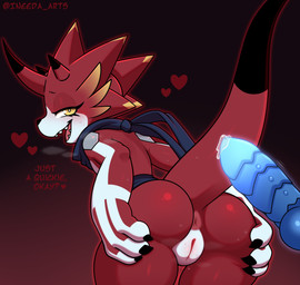 anus blush bodily_fluids body_blush breath butt dialogue female genitals hand_on_butt heart_symbol looking_back open_mouth open_smile panting penis presenting presenting_hindquarters pupils rear_view scarf smile sweat text vulva vulva_blush white_pupils yellow_eyes conditional_dnp ineedanaccount bandai_namco digimon betelgammamon digimon_(species) scalie absurd_res hi_res