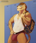 anthro brown_hair bulge clothing eyewear fur glasses green_eyes hair hand_on_hip locker male shirt solo tan_body tan_fur tank_top text topwear underwear asatrua maite_(elcondedeleon) felid lion mammal pantherine hi_res url