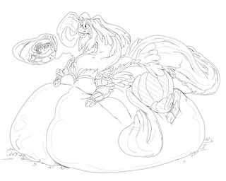 anthro belly big_belly duo female huge_belly hyper hyper_belly overweight simple_background vore white_background grindaviking 2019 5:4