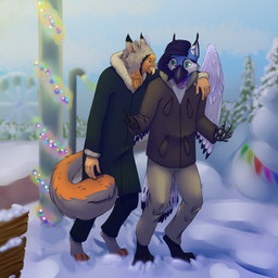 anthro clothed clothing duo feathers fur hair happy hew male male/male park simple_background year aleks_pakaralex avian bird 1:1 digital_media_(artwork) hi_res