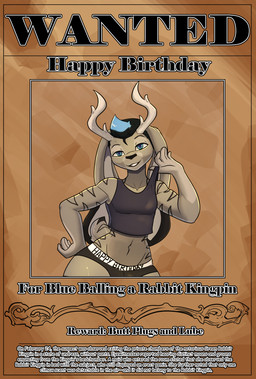 ambiguous_gender anthro antlers birthday buckteeth bulge clothing crop_top hand_on_hip happy_birthday horn long_ears pose poster seductive shirt solo stripes teeth text thick_thighs topwear underwear wanted_poster bear213 jackalope lagomorph mammal english_text hi_res